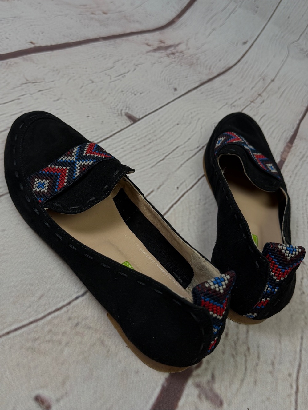 DUSANO black soft suede embroidered slip-on loafers, size 7.5 (EU 38)